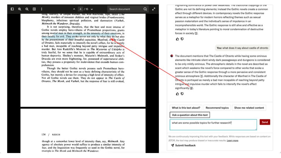 A split-screen image showing a page from a book on the left and an interactive AI-powered text analysis tool on the right. The book page discusses Gothic novels and their elements. The text analysis tool, titled
